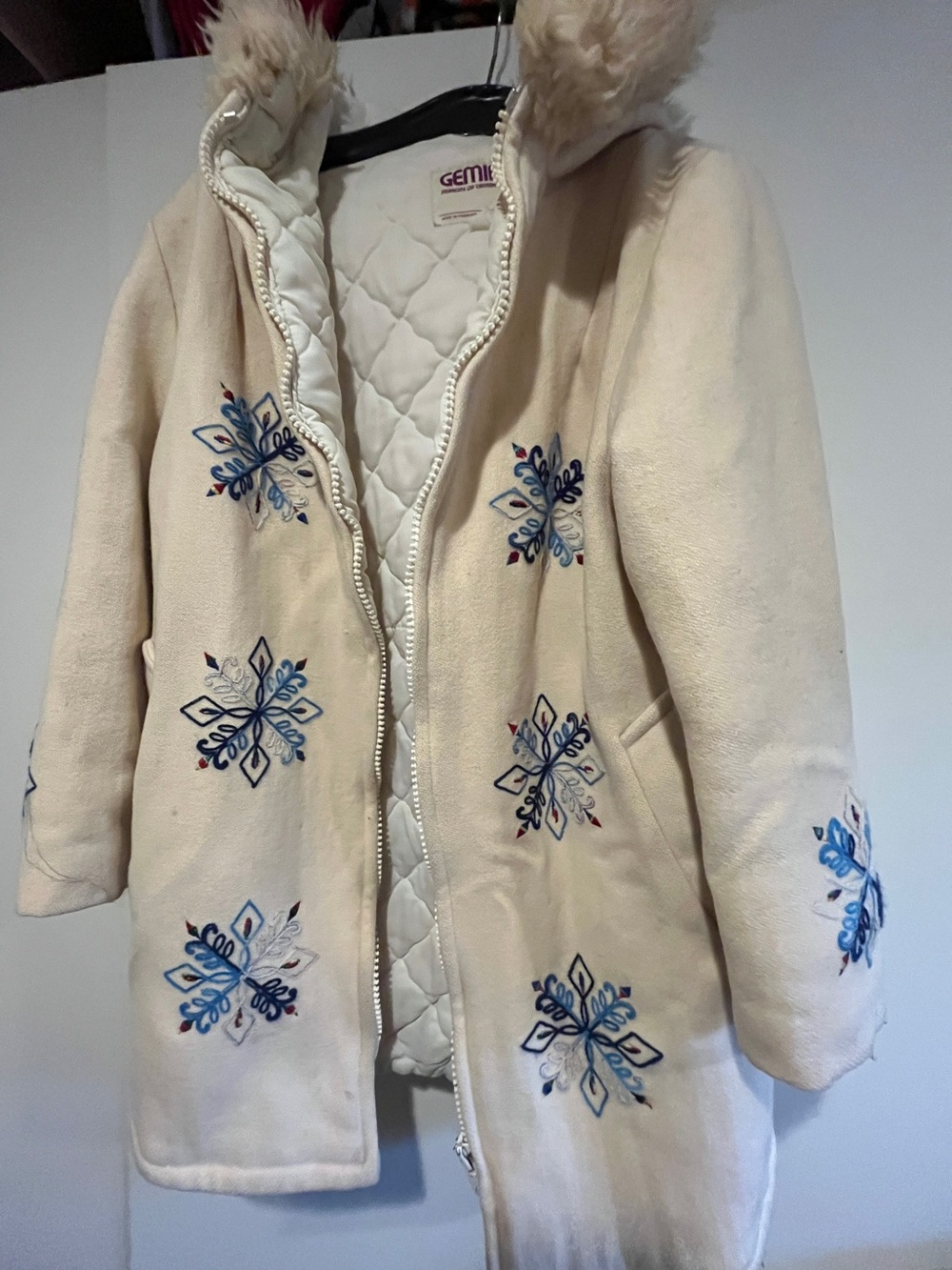 Vintage gemini Wool Parka Canadian made with blue embroidery and faux fur trim